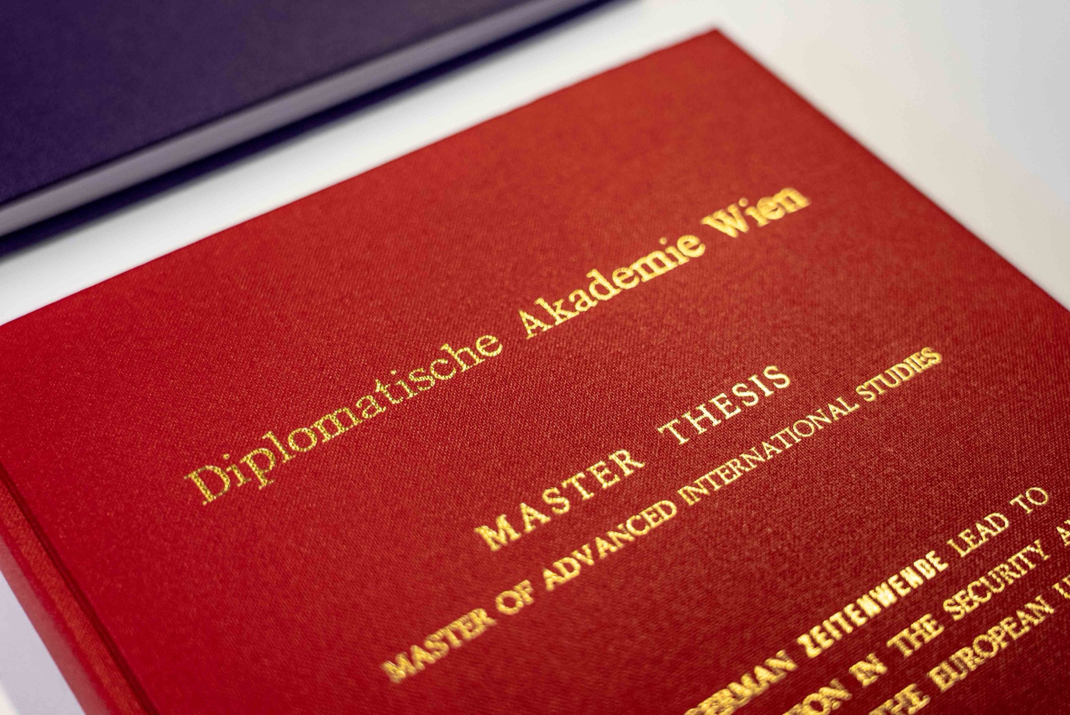 Thèse reliée en Buckram rouge aux finitions dorées — atelier Köller-Willems